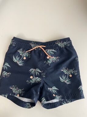 Janie and Jack Navy Palm Print Swim Shorts with Coral Drawcord